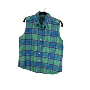 Lauren Ralph Lauren Sz 8 100% Silk Blue Green Plaid Sleeveless Button‎ Down